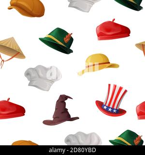 Various hats seamless pattern. Yellow sun protection with red stripes and wide brims american top hats with red stripes. Stock Vector