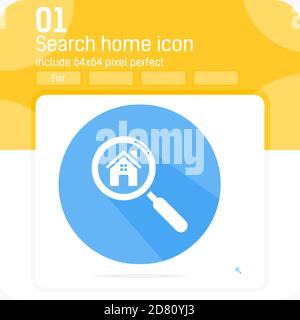 Search conceptof house premium flat modern icon on a blue circle background isolated on white background. Vector illustration pictogram magnifier Stock Vector