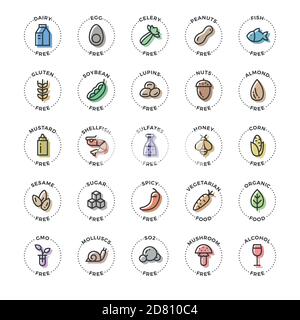 25 basic colorful allergens and diet line icons set. Isolated on white background. Stock Vector