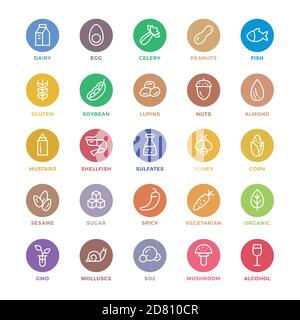 25 basic colorful allergens and diet line icons set. Isolated on white background. Stock Vector