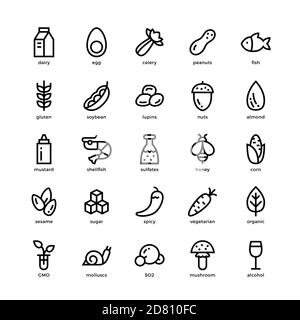 25 basic allergens and diet line icons set. Isolated on black background. Black and white. Stock Vector
