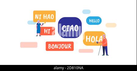 Different language. International red words in French blue English dialect global travel communication. Stock Vector