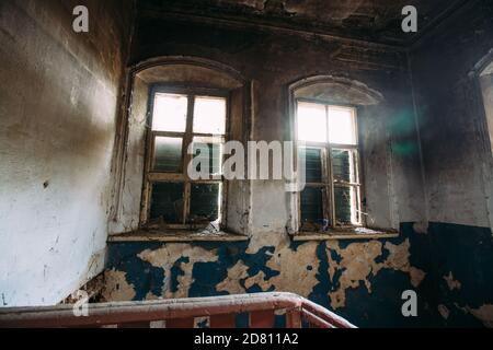 Interior of old historical mansion after fire Stock Photo