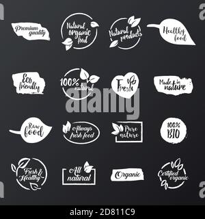 Set of black and white bio, ecology, organic logos and icons, labels, tags and elements. Stock Vector