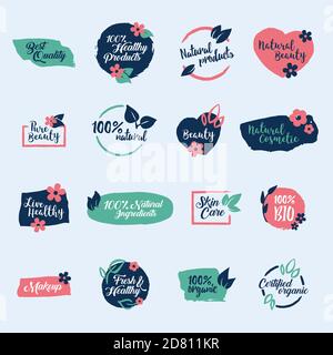 Vector collection of beauty and bio cosmetics labels, tags and elements. Stock Vector