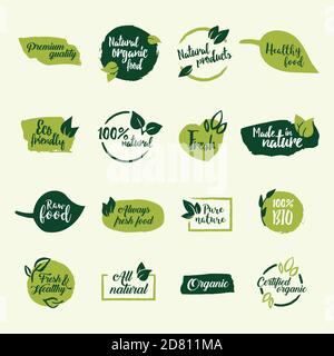 Set of green bio, ecology, organic logos and icons, labels, tags and elements. Stock Vector