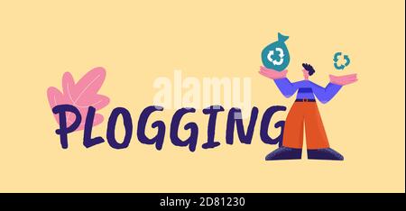 Plogging poster. Active sports with care for environment jogging with garbage collection recycling pollution. Stock Vector