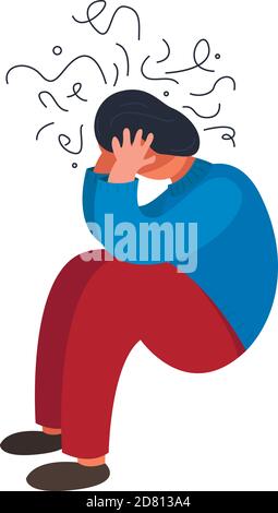Young depressed person sitting on the floor and holding their knees, a cartoon scribble above their head, mental health issues. Vector illustration. Stock Vector