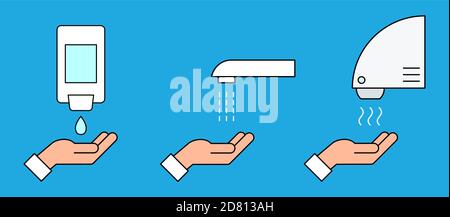 Automated touchless restroom equipment with sensors. Hand washing procedure icon. How to wash hands safely instructions. Soap, scrub, rinse and dry. Stock Vector