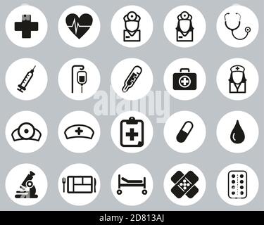 Hospital Staff & Equipment Icons Black & White Flat Design Circle Set Big Stock Vector