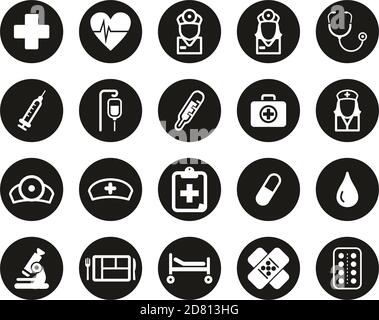 Hospital Staff & Equipment Icons White On Black Flat Design Circle Set Big Stock Vector
