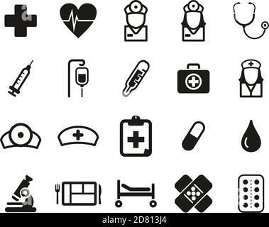 Hospital Staff & Equipment Icons Black & White Set Big Stock Vector