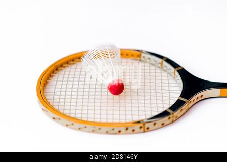 Closeup Badminton racket and shuttlecock isolated on white top view Stock Photo