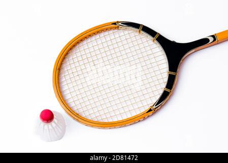 Closeup Badminton racket and shuttlecock isolated on white top view Stock Photo