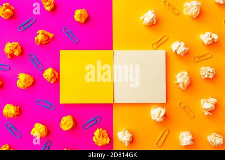 In search of inspiration and creativity lying on the table banner many clips paper crumpled Stock Photo