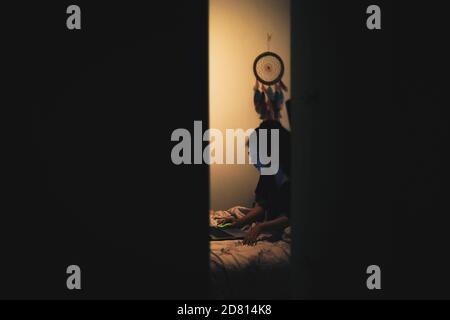 Young girl studying and reading with her computer during lockdown Stock Photo