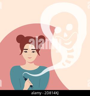 Vector illustration with A Korean girl vaping or smokes an e-cigarette, smoke from which in the shape of a skull symbolizes harm to health. Stock Vector