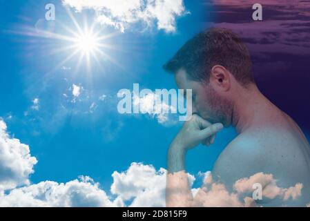 Man silhouette on heaven background. Religion, psychiatry and psychology concept. Stock Photo