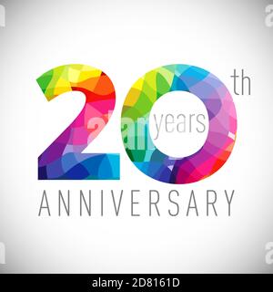 20th anniversary numbers. 20 years old logotype. Bright congrats. Isolated abstract graphic design template. Creative 2, 0 sign. 3D digits. Up to 20% Stock Vector