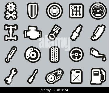Hot Rod Culture & Parts Icons White On Black Sticker Set Big Stock Vector