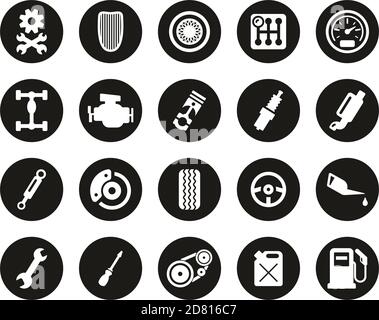 Hot Rod Culture & Parts Icons White On Black Flat Design Circle Set Big Stock Vector