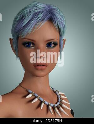 3D Illustration portrait of beautiful elven woman with fantasy background Stock Photo
