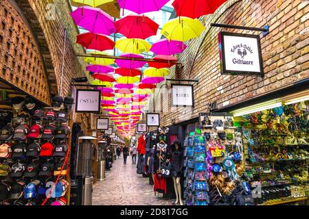 Alley covered with umbrellas at Camden Market, London, UK Stock Photo