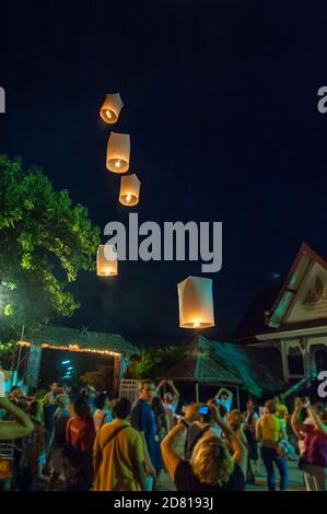 Release of sky lanterns during a light festival, Chiang Mai, Thailand Stock Photo