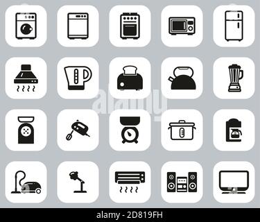 Household Appliances Or Electric Appliances Icons Black & White Flat Design Set Big Stock Vector