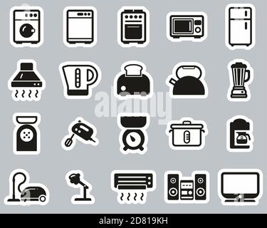 Household Appliances Or Electric Appliances Icons Black & White Sticker Set Big Stock Vector