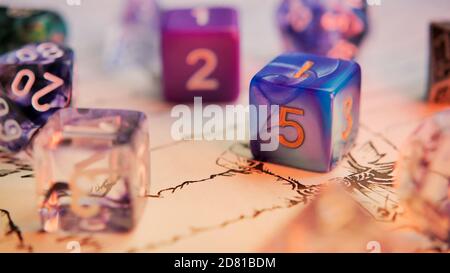 A bunch of d6 dices during the tabletop game Stock Photo