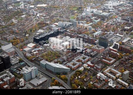 aerial view of The University of Manchester and Manchester Metropolitan University buildings and campus Stock Photo