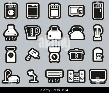 Household Appliances Or Electric Appliances Icons White On Black Sticker Set Big Stock Vector