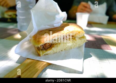Assisi - August 2019: traditional sandwich with meat and cheese Stock Photo