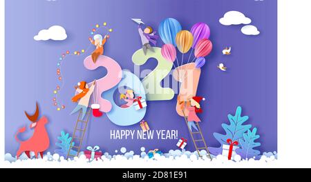 2021 New Year design card with kids on blue winter background. Vector illustration. Paper cut art and craft style. Stock Vector