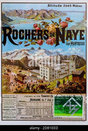 1982 mailed Swiss postcard illustrating a 1921 publicity poster for the Rochers de Naye hotel and railway station, Montreux, Switzerland. Stock Photo