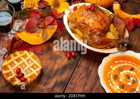 Thanksgiving dinner served on wooden rustic table Stock Photo