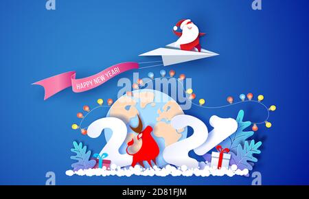 2021 New Year card design. Santa Claus flying on paper airplane over globe Earth on blue background. Vector paper cut art illustration for promotion banners, headers, posters, stickers Stock Vector