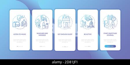 Self care practices onboarding mobile app page screen with concepts Stock Vector