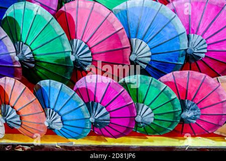 colorful umbrellas on a background of sky, digital photo picture as a background Stock Photo