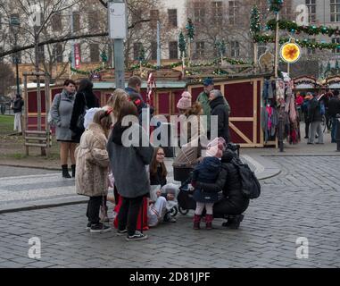 Prague Europe The Czech Republic 11Christmas Market at Namesti Miru square in Pragues district 2 with stalls selling homemade gifts,food,drinks,toys a Stock Photo