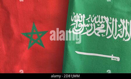 Saudi Arabia and Morocco two flags textile cloth 3D rendering Stock Photo