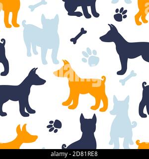 Dog silhouette seamless pattern. Print template texture about dogs. Vector illustration isolated on white background. Dog breed Basenji set cartoon Stock Vector