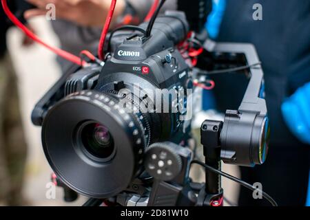 RUSSIA, MOSCOW 05 Sep, 2014: professional digital movie camera installed for film shooting Stock Photo