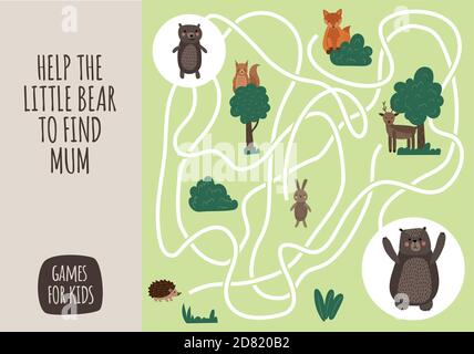 Vector cartoon style illustration of games for kids. Maze visual educational game for children. Forest animals set. Stock Vector