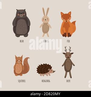 Vector cartoon style illustration of animals for kids.  Forest animals set. Stock Vector