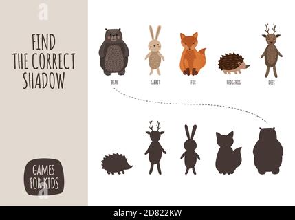 Vector cartoon style illustration of games for kids. Shadow game game for children. Forest animals set. Stock Vector