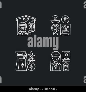 Fundamental services chalk white icons set on black background Stock Vector