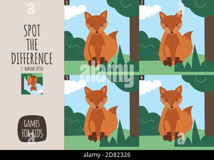 Vector cartoon style illustration of games for kids. Find differences visual educational game for children. Forest animals set. Stock Vector