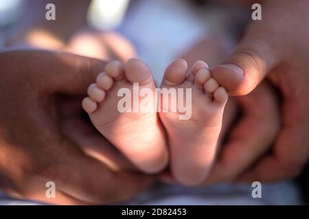 Newborn baby feet in parents’ hands outside. Close up Stock Photo